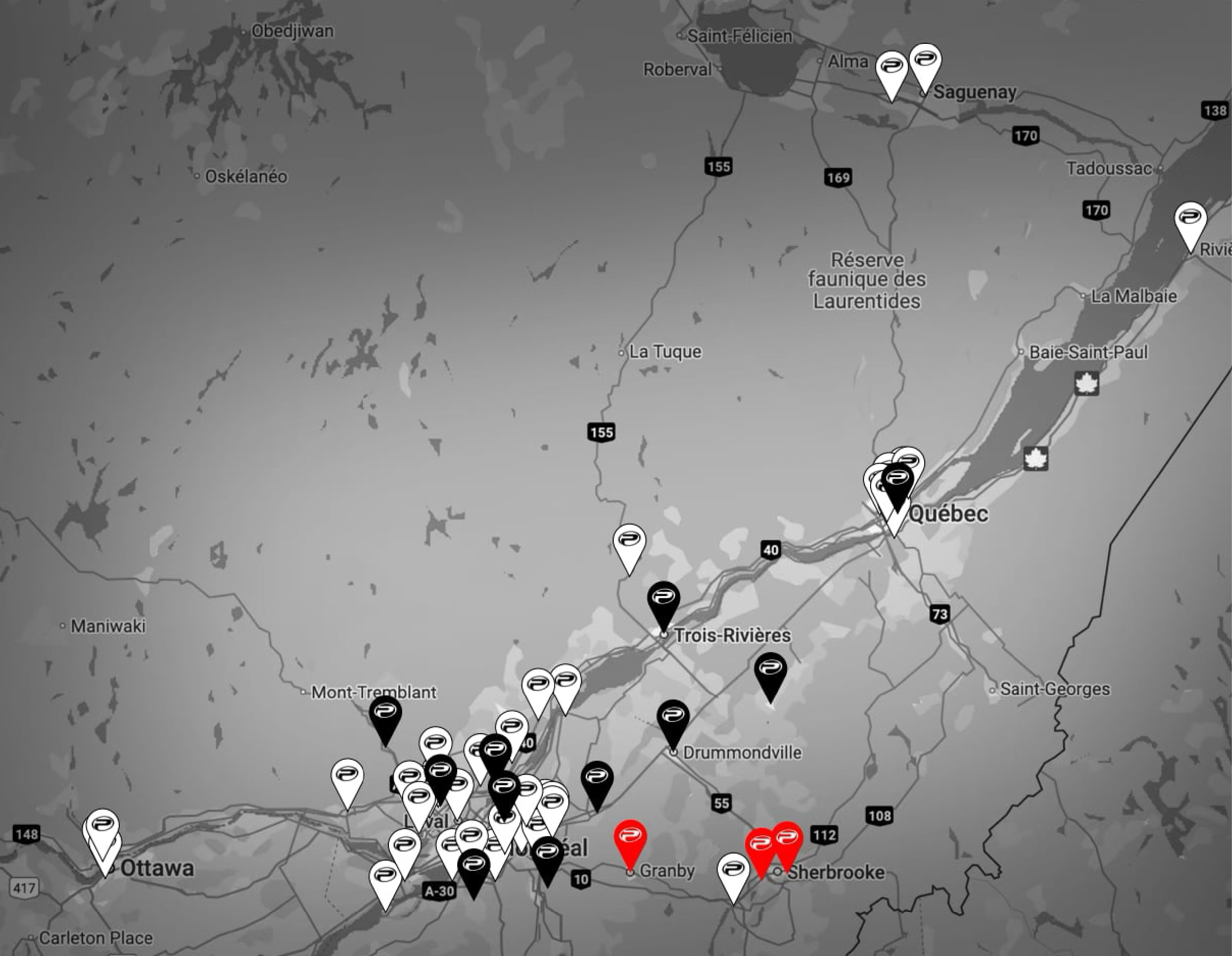 Carte du Québec illustrant les emplacements actuels et futurs des centres ProGym